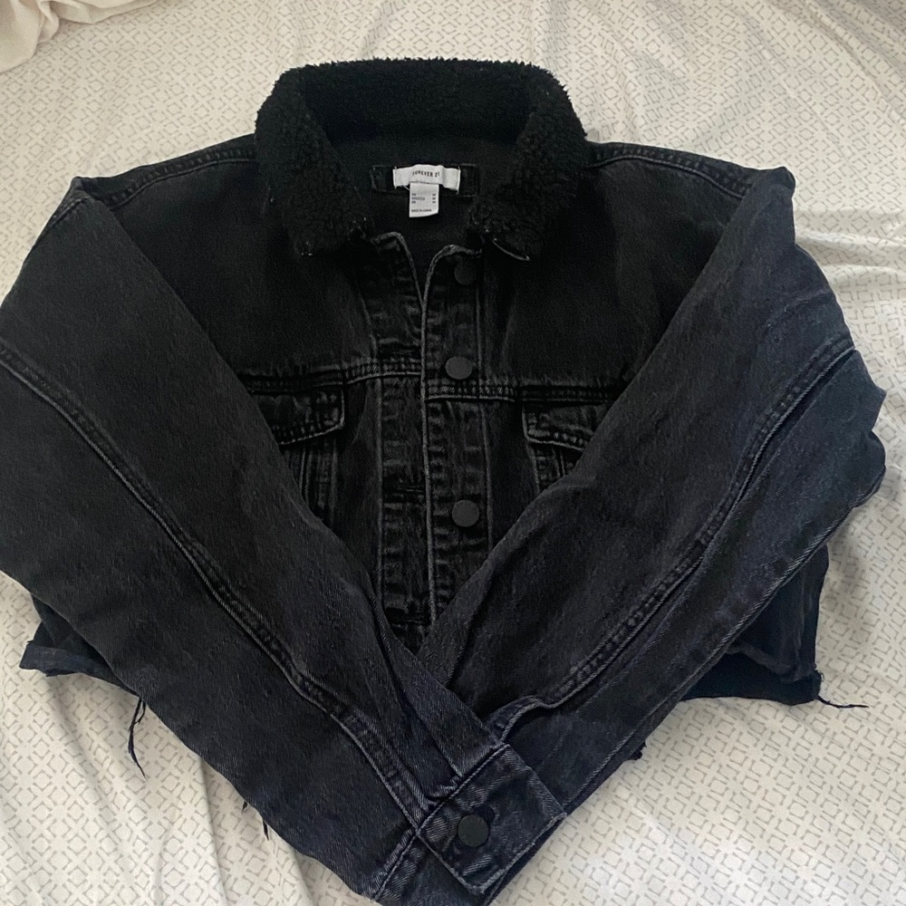 Forever 21 Black Denim Jacket with Sherpa Collar